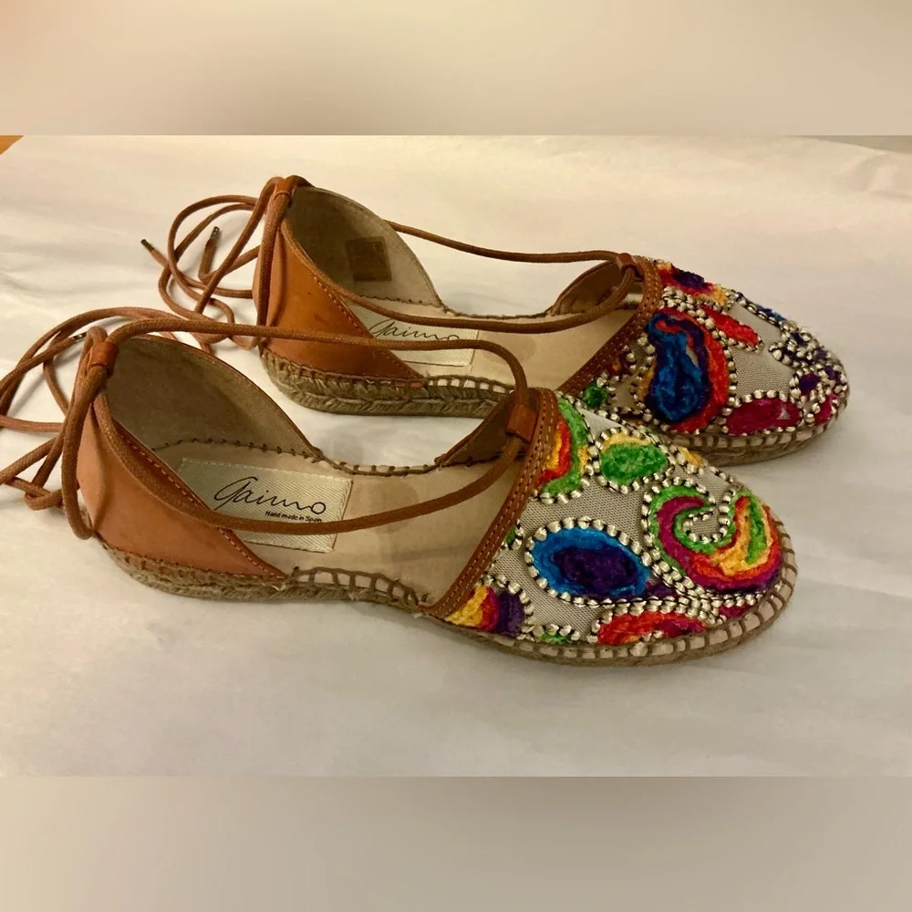 Gaimo Spain Boho Summer Embroidered Espadrille Ankle Tie Sandal Woman SZ 6.5-7